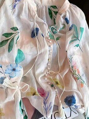 Multicolor Casual Women's Loose Lantern Sleeve Crochet Patchwork Blouse